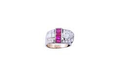 Art Deco 1.25 Carat F-G Diamond Ruby Platinum Buckle Ring