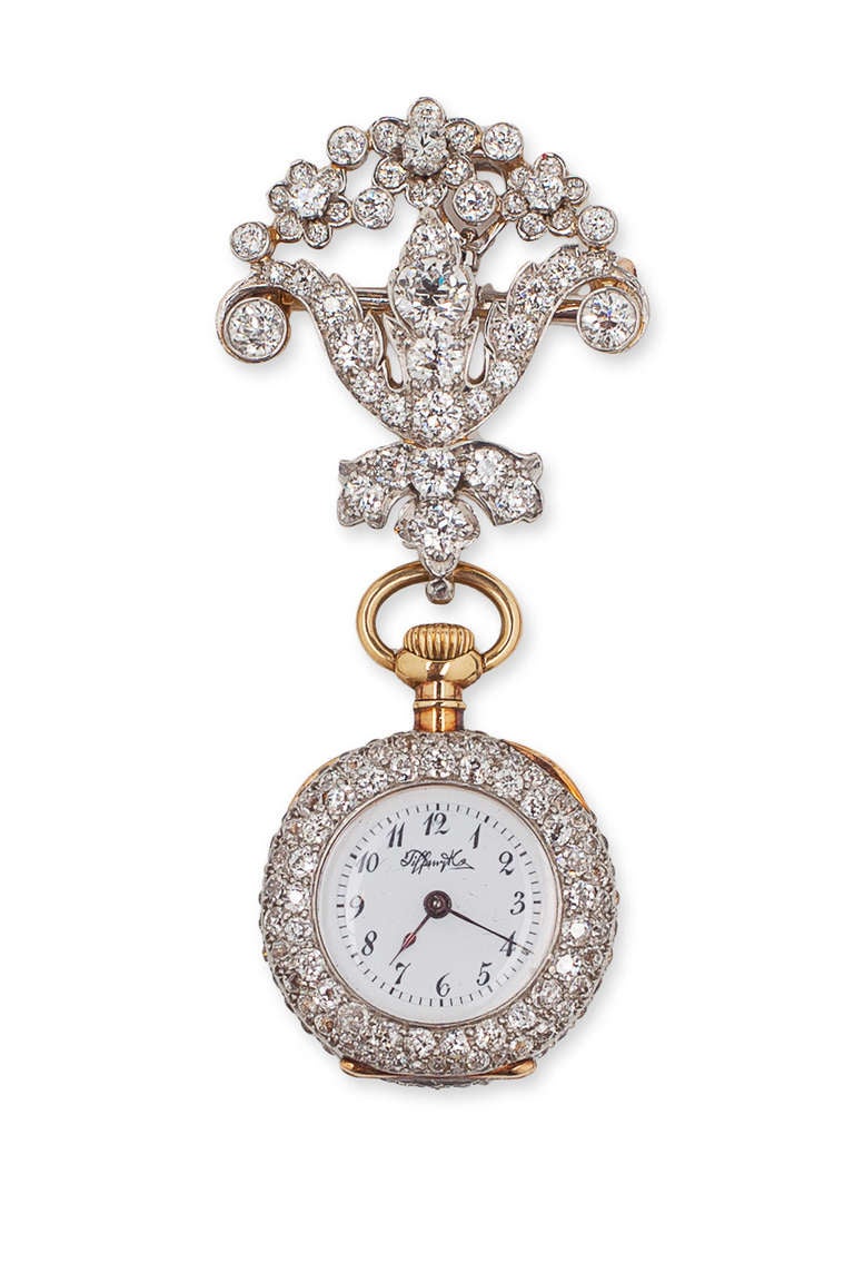 Edwardian Tiffany & Co. Yellow Gold and Diamond Pendant Watch on Platinum and Diamond Pin