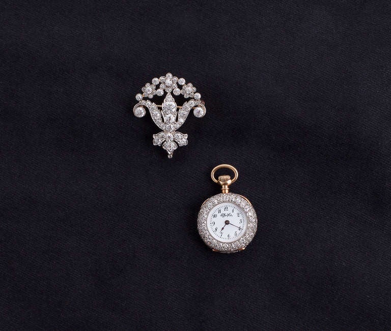 Tiffany & Co. Yellow Gold and Diamond Pendant Watch on Platinum and Diamond Pin In Excellent Condition In Calabasas, CA