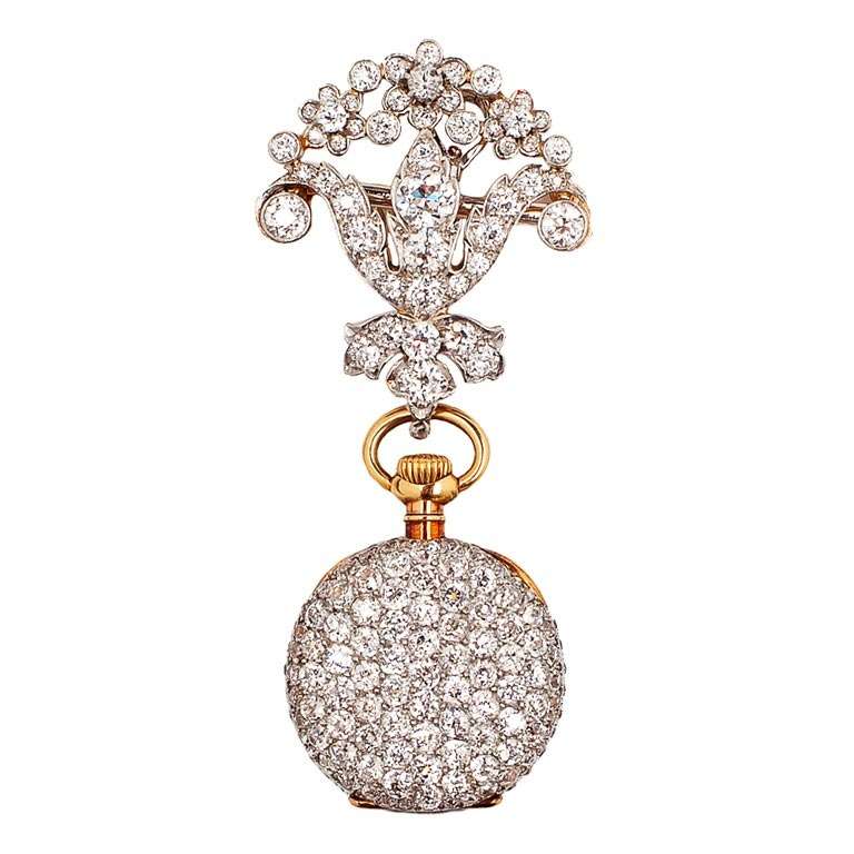 Tiffany & Co. Yellow Gold and Diamond Pendant Watch on Platinum and Diamond Pin