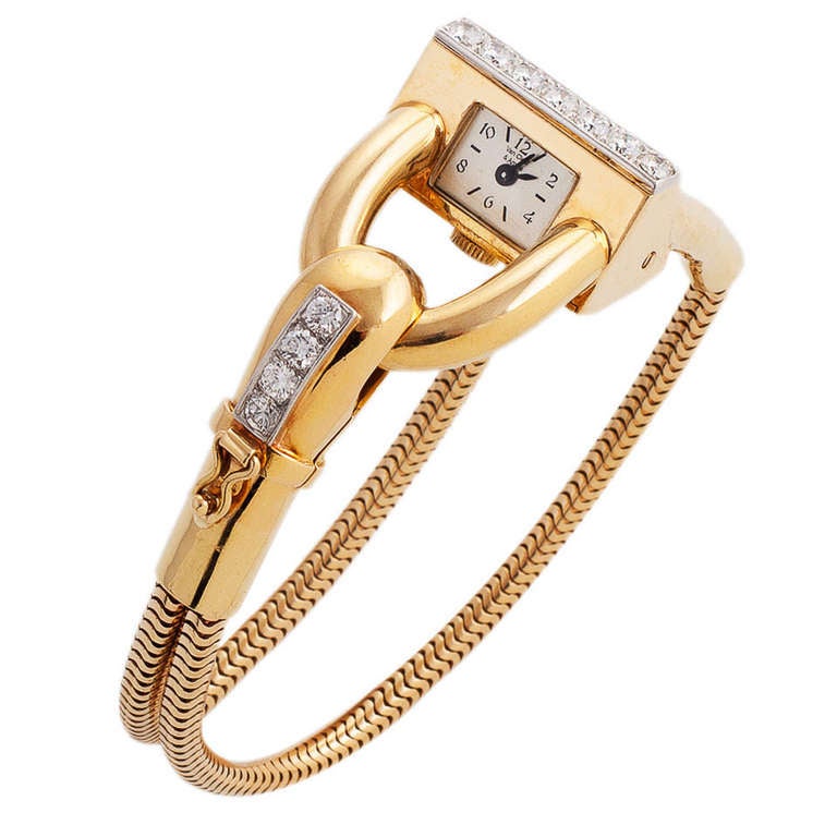 Van Cleef & Arpels Lady's Yellow Gold and Diamond Cadenas Bracelet Watch 1940s For Sale