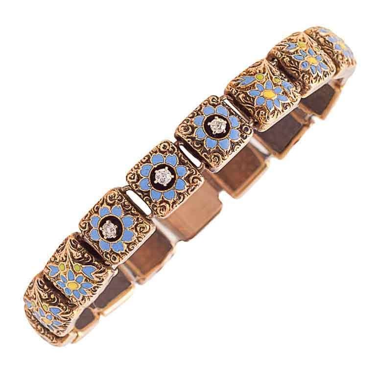 Victorian Blue and Yellow Enamel Diamond Gold Forget-Me-Not Bracelet For Sale
