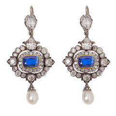 Antique Victorian Non-Heated Natural Pearl Sapphire Diamond Silver Gold Drop Earrings