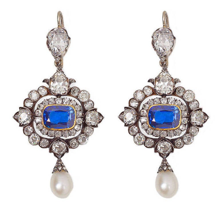 Victorian Non-Heated Natural Pearl Sapphire Diamond Silver Gold Drop Earrings
