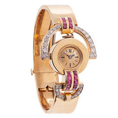 Retro 14 Karat Yellow Gold Diamond Ruby Bracelet Wristwatch