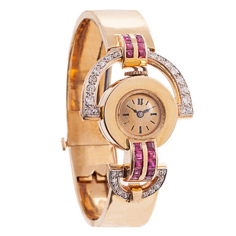 Retro 14 Karat Yellow Gold Diamond Ruby Bracelet Wristwatch For Sale
