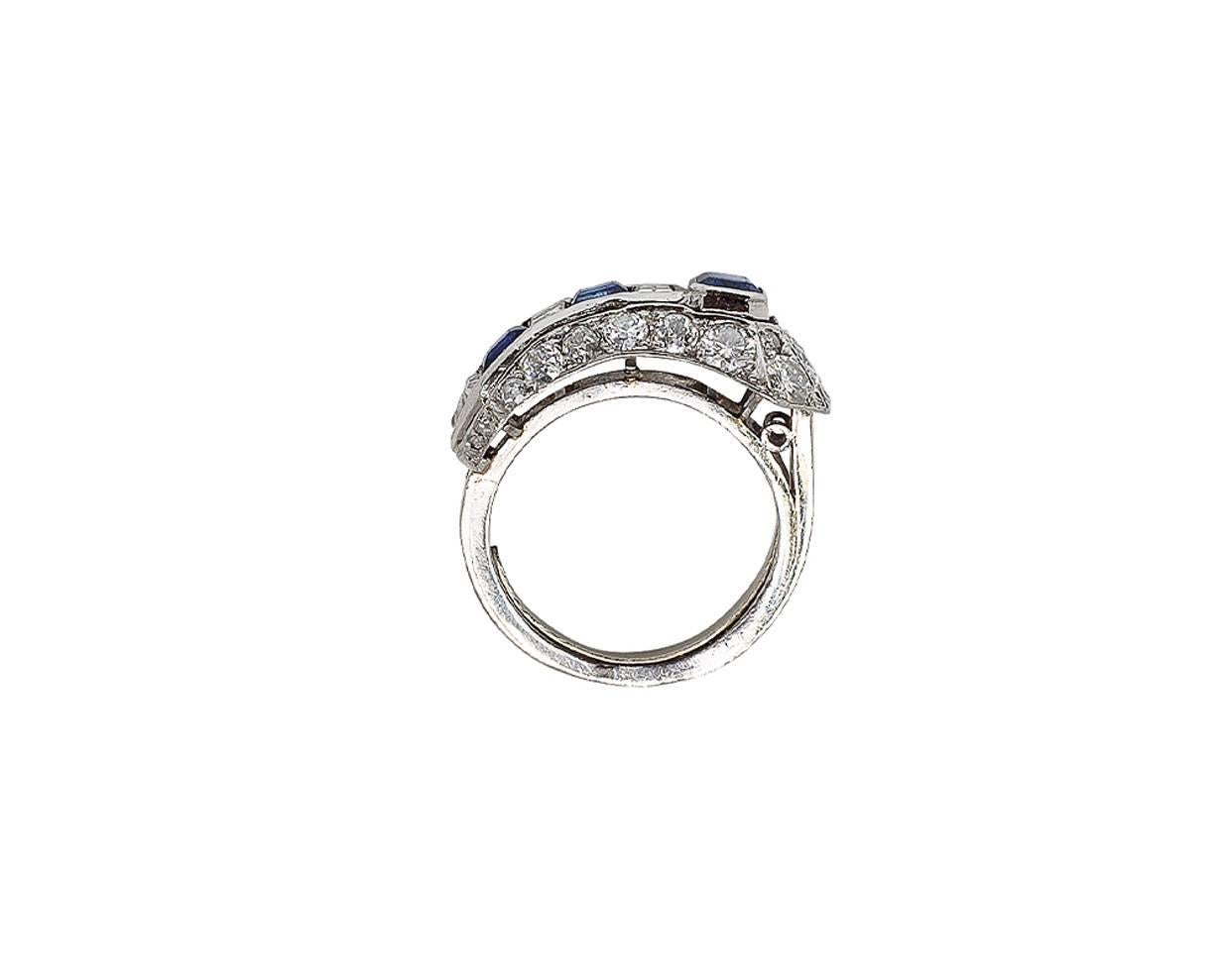 Art Deco Sapphire Diamond Platinum Arrow Ring In Good Condition For Sale In Calabasas, CA