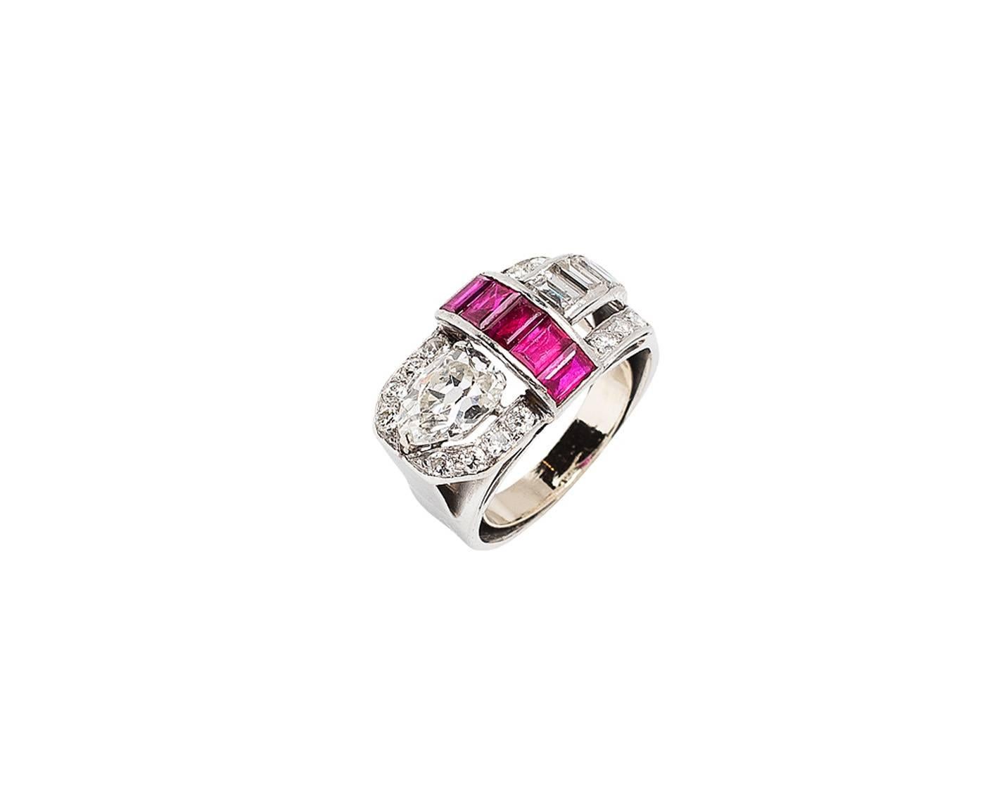 Women's Art Deco 1.25 Carat F-G Diamond Ruby Platinum Buckle Ring For Sale