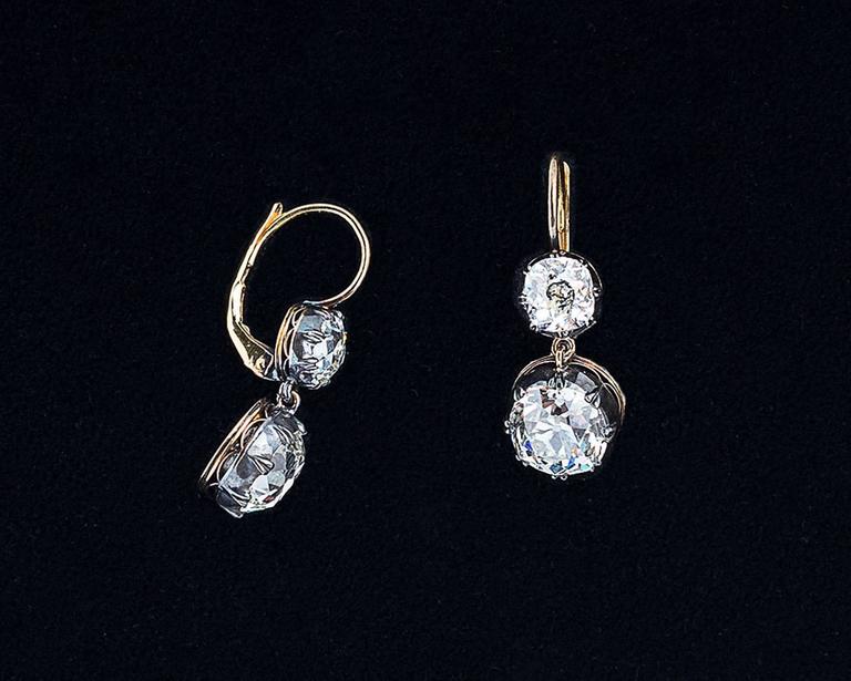 Victorian 8.31 Carats Diamond, Silver and Gold Two-Stone Earrings For ...