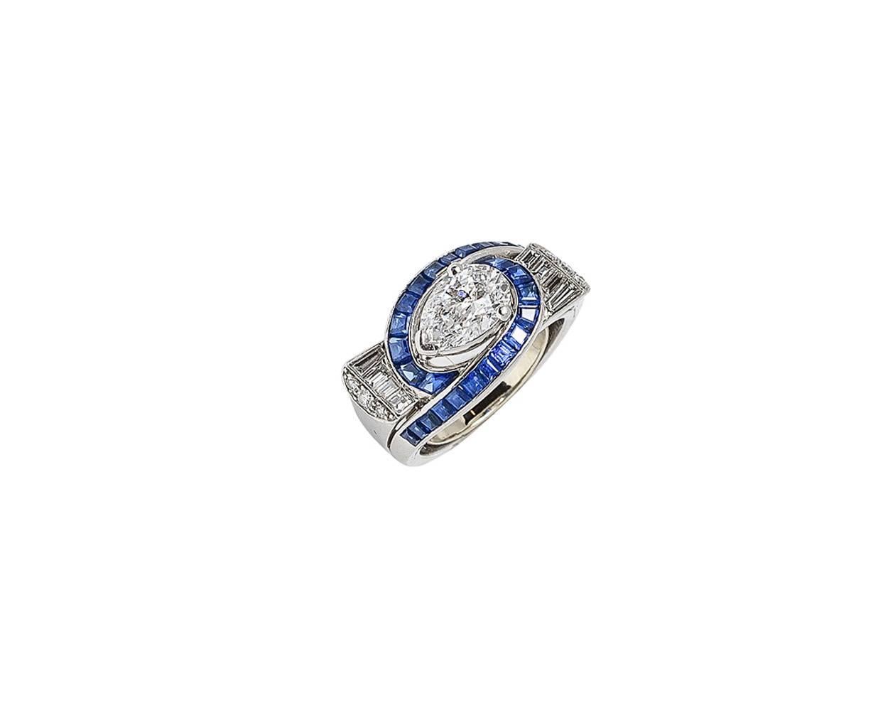Oscar Heyman Art Deco GIA Cert. 1.39 Ct. D-Color Diamond Sapphire Platinum Ring In Excellent Condition For Sale In Calabasas, CA