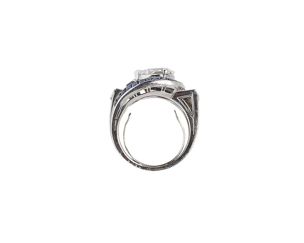 Women's Oscar Heyman Art Deco GIA Cert. 1.39 Ct. D-Color Diamond Sapphire Platinum Ring For Sale
