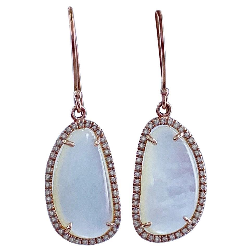 "Mom's Halo" Freeform Mother of Pearl Danglies with 0.33ct Diamonds in Rose Gold For Sale