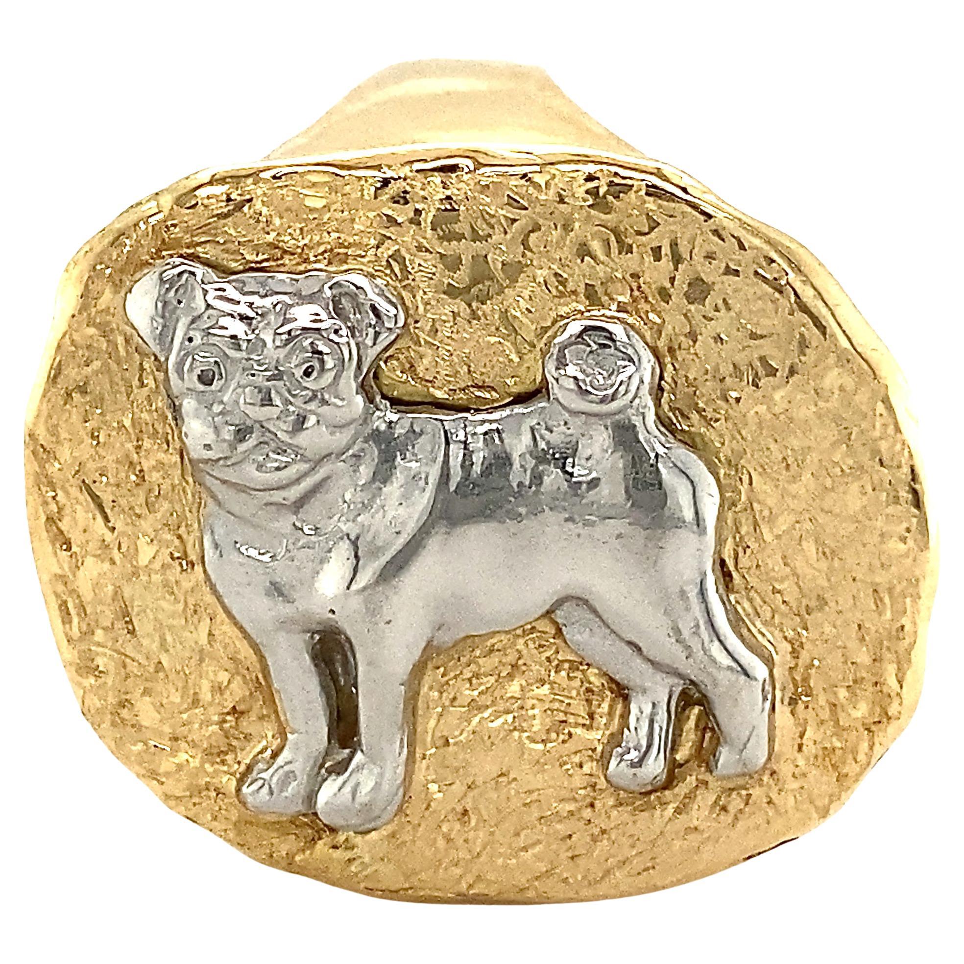 "Steve the Pug" Signet Ring in 18 Karat Yellow Gold and Platinum For Sale