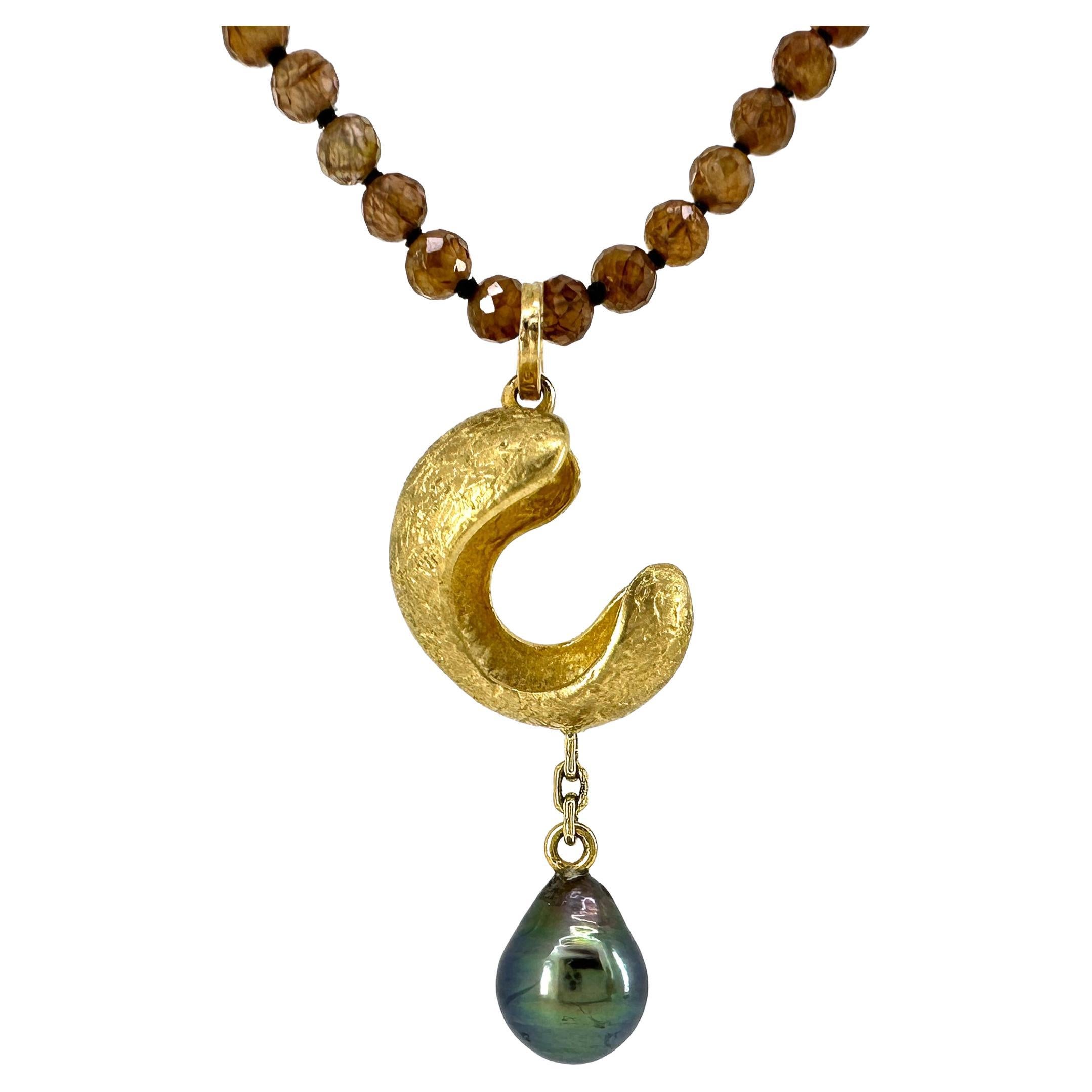 "Pod" Pendant in 18K Gold with 10.5mm Tahitian Pearl Drop on Brown Zircon Chain