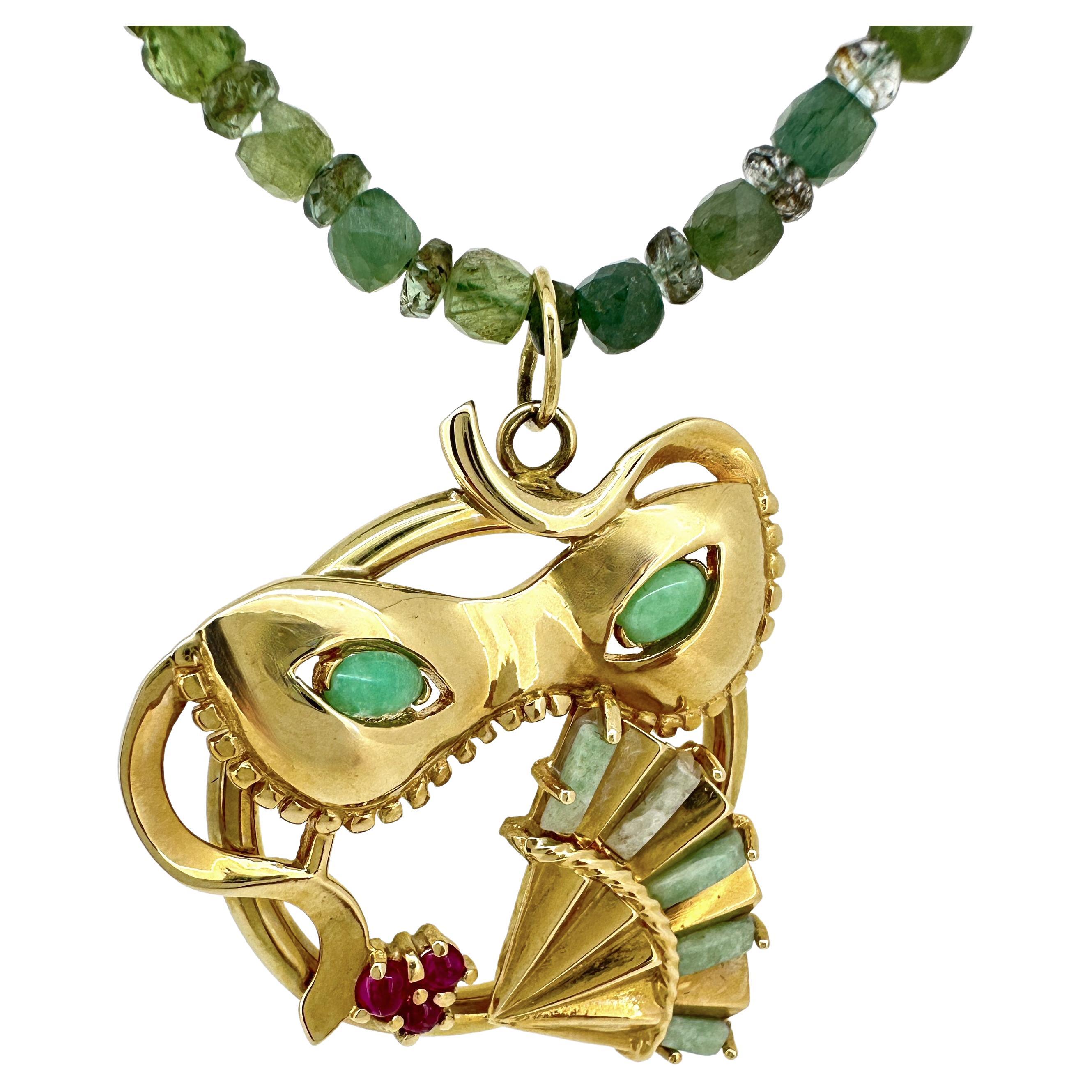 Vintage Mardi Gras Mask & Fan Pendant in 14K Gold on 19" Apatite & Aqua Necklace