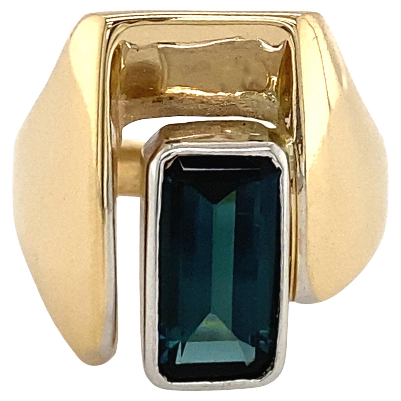 "Bracket" Ring w 2.2 Carat Blue-Green Tourmaline in Yellow and White Gold