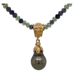 Antique Two-Piece 18K Gold & 14mm Baroque Tahitian Pearl Pendant on Apatite/Iolite Chain