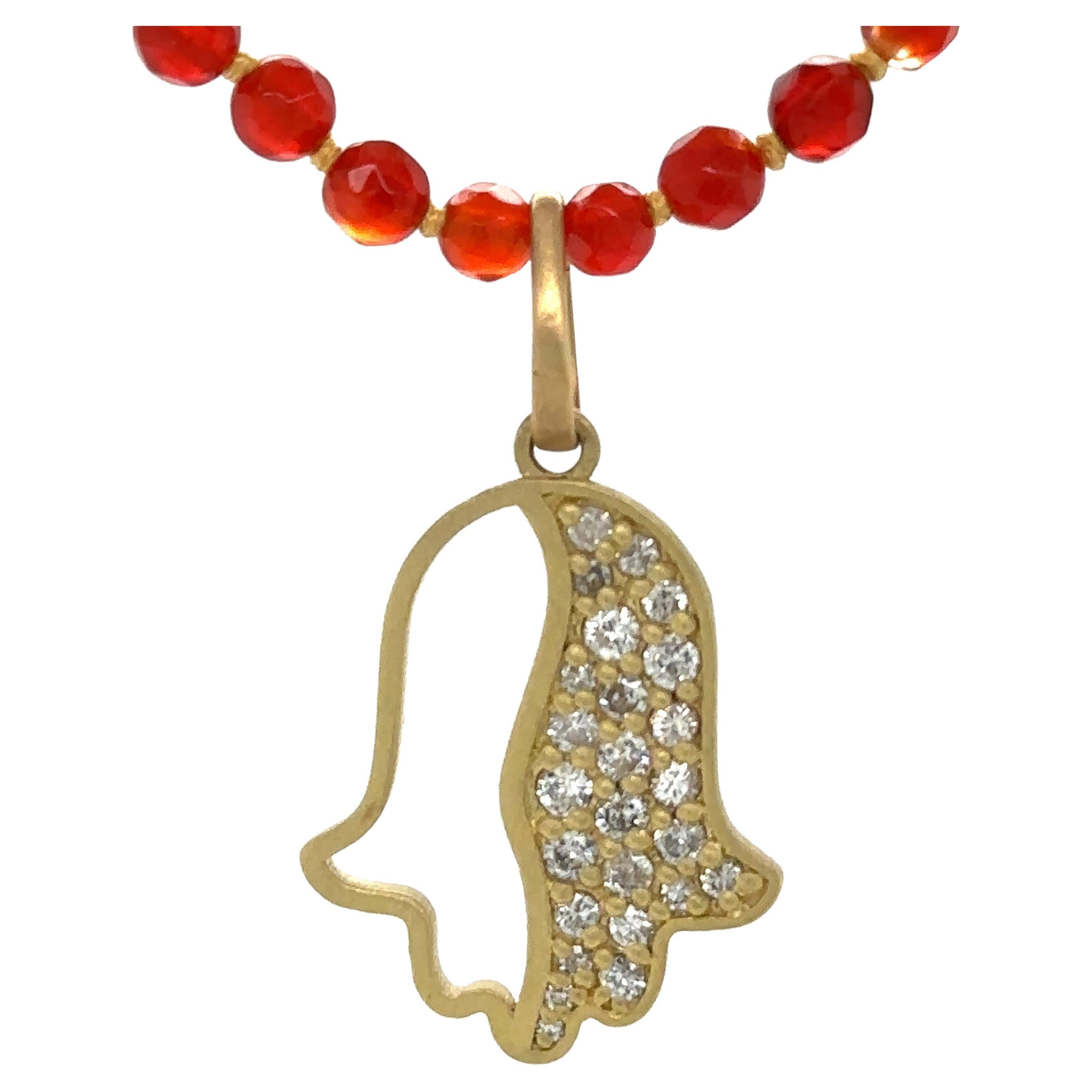 "Open Halfsies" Hamsa with 0.78cts Diamonds in 18K Gold on Carnelian Necklace For Sale