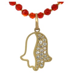 "Open Halfsies" Hamsa with 0.78cts Diamonds in 18K Gold on Carnelian Necklace