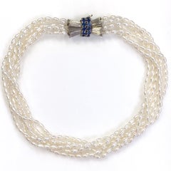 Six-Strand Freshwater Pearl Choker with Vintage White Gold & Sapphire Clasp