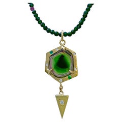 Watermelon Tourmaline Slice Pendant in 14K Gold with Diamond & Emerald Accents
