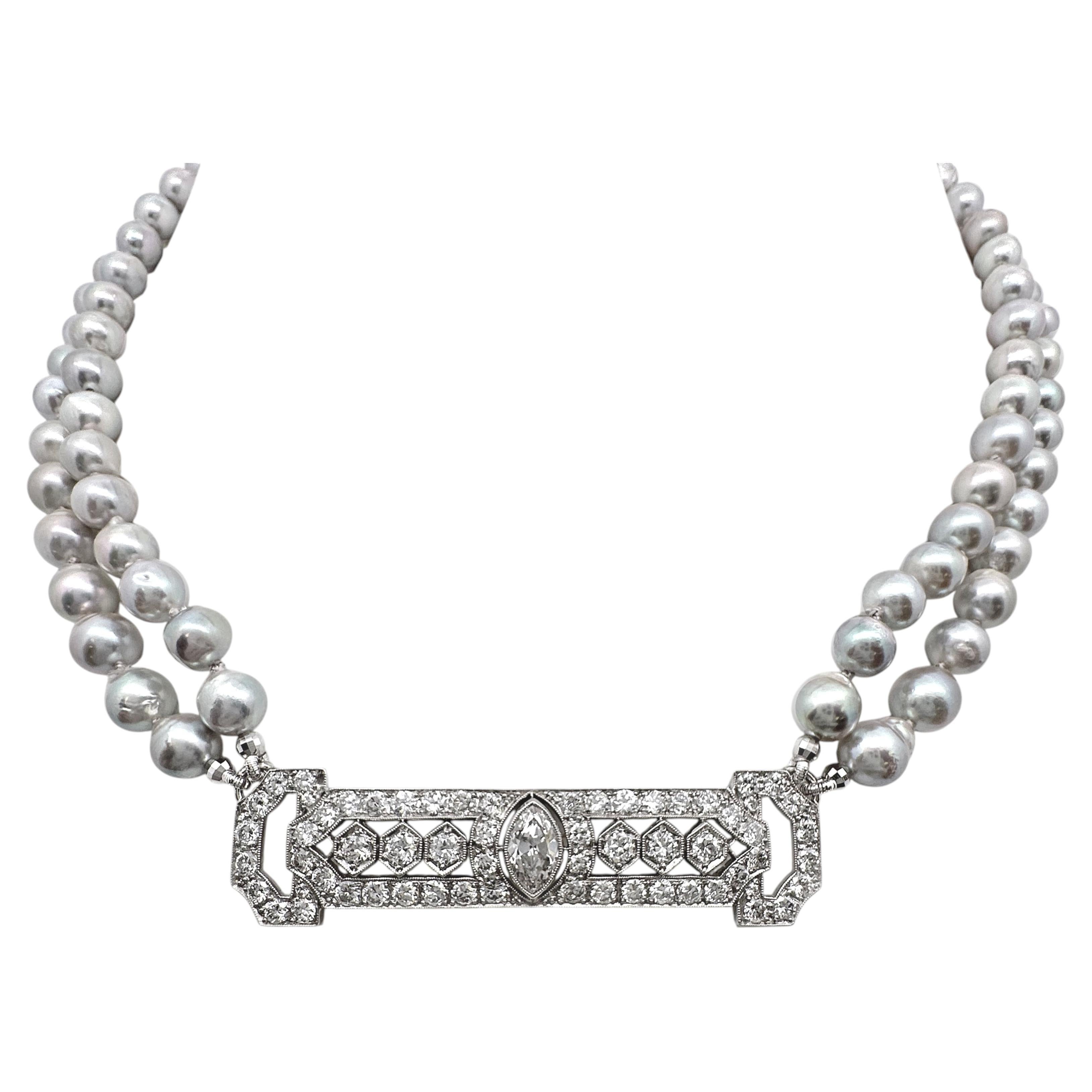 Two-Strand Silver Akoya Pearl Choker with Platinum & 2.3ct Diamond Centerpiece