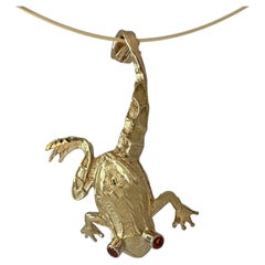Frog Pendant with Orange Sapphire Eyes on 16"-18" Neck Wire, All in 14K Gold