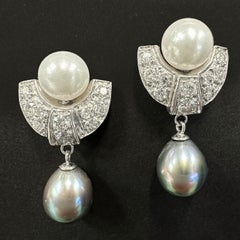 Akoya & Tahitian Pearls in Dangle Post Earrings with Diamond Arches in Palladium