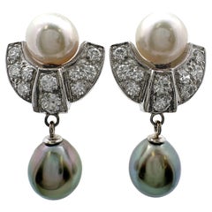 Akoya & Tahitian Pearls in Dangle Post Earrings with Diamond Arches in Palladium