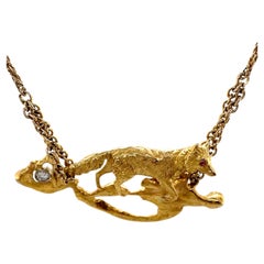 "Stealthy" Fox Pendant with Rubies & Diamond on 16" Rope Chain, All in14K Gold