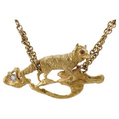 "Stealthy" Fox Pendant with Rubies & Diamond on 16" Rope Chain, All in14K Gold