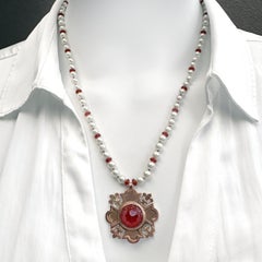 19" Akoya Pearl Necklace w 9K Gold 1906 "Florian" Cross Pendant with Carnelian