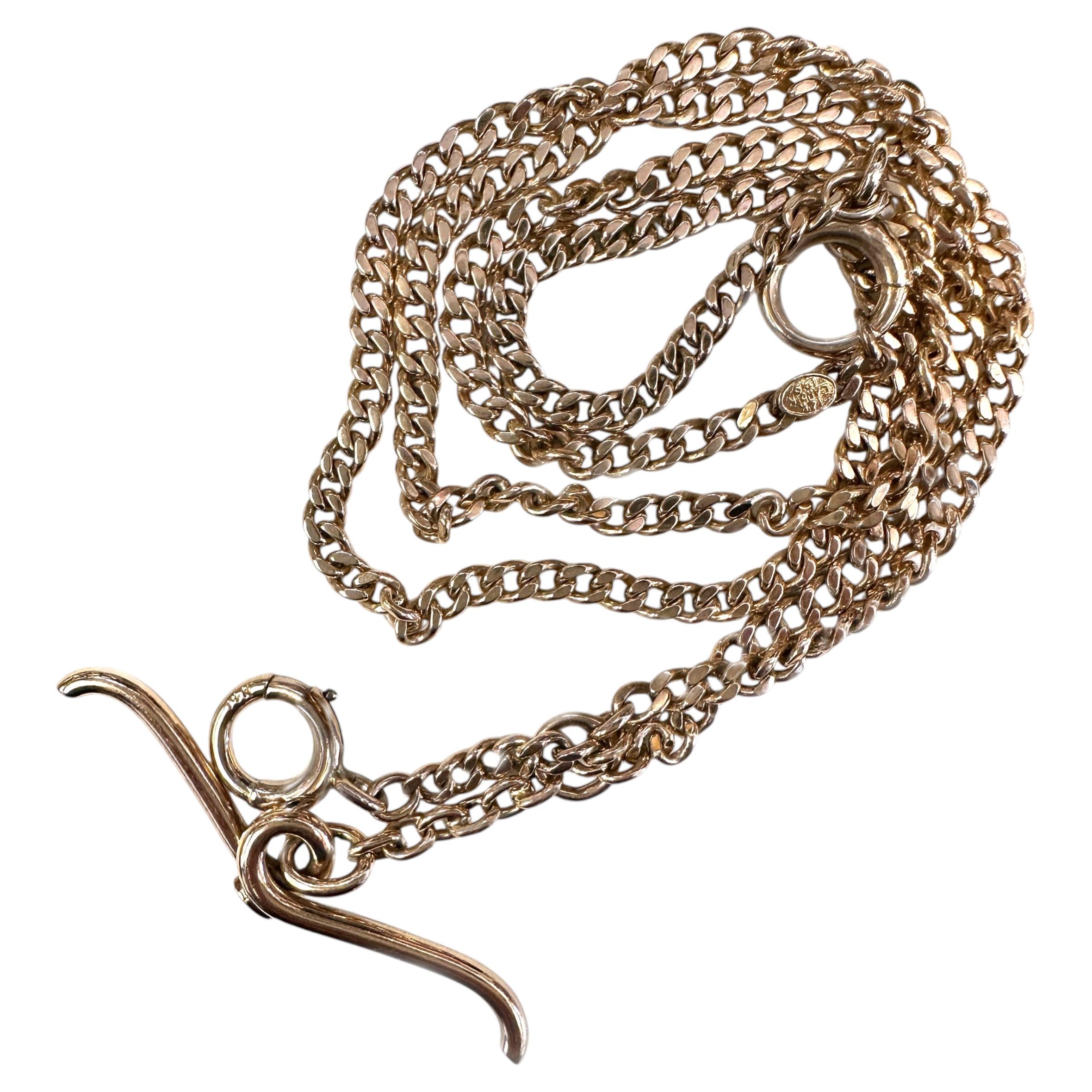 20" Watch Chain with T-Bar and Two Bolt Rings, in 14K Gold, Dated 1919