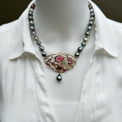 Tahitian Pearl Necklace with Tourmaline "Butterfly Wing" Centerpiece in 14K Gold