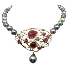Tahitian Pearl Necklace with Tourmaline "Butterfly Wing" Centerpiece in 14K Gold