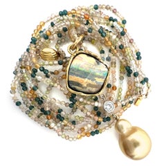 Australian Boulder Opal & Pearl Pendant + Diamond with 19" Mixed Gemstone Chain