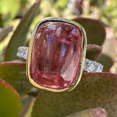 6 Carat Pink Tourmaline Sugarloaf Bezel Ring in 18K Gold with Diamonds
