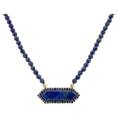 Lapis Choker Necklace in 14K Gold with Black Diamonds