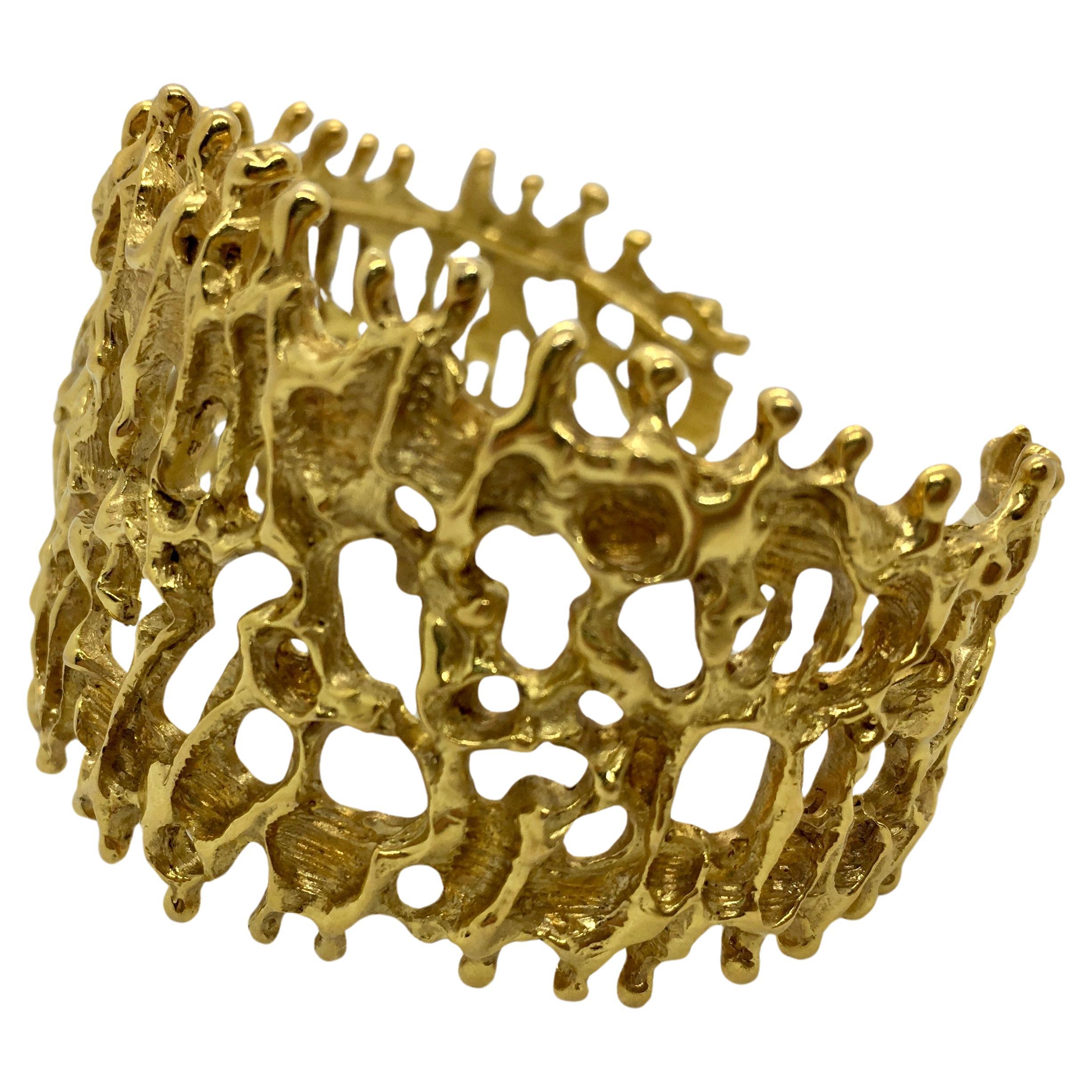 "Staghorn Coral" Handmade Openwork Cuff Bracelet in 18 Karat Yellow Gold For Sale