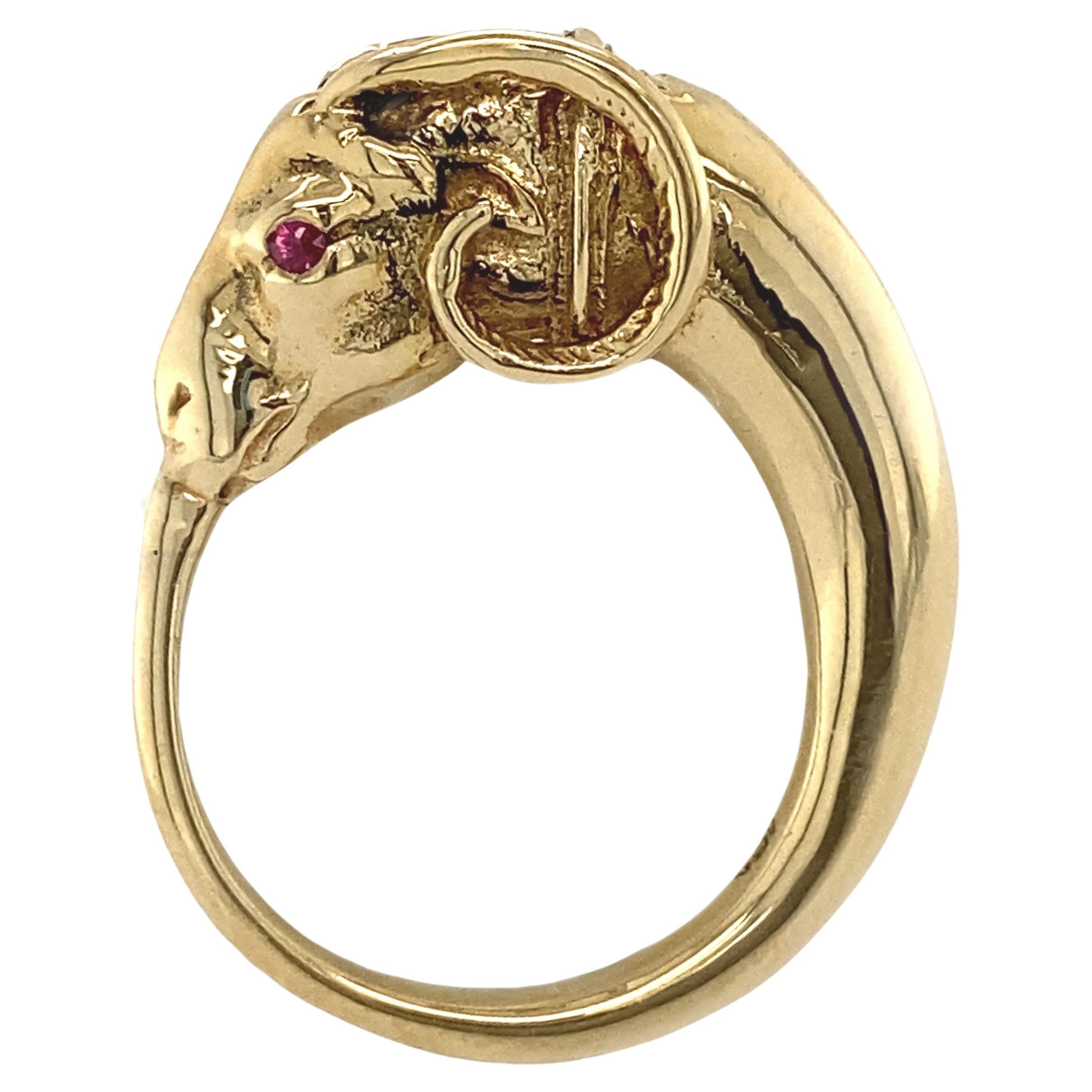 Second Etruscan Revival Figural Ram Ring in 18 Karat Yellow Gold with Ruby Eyes