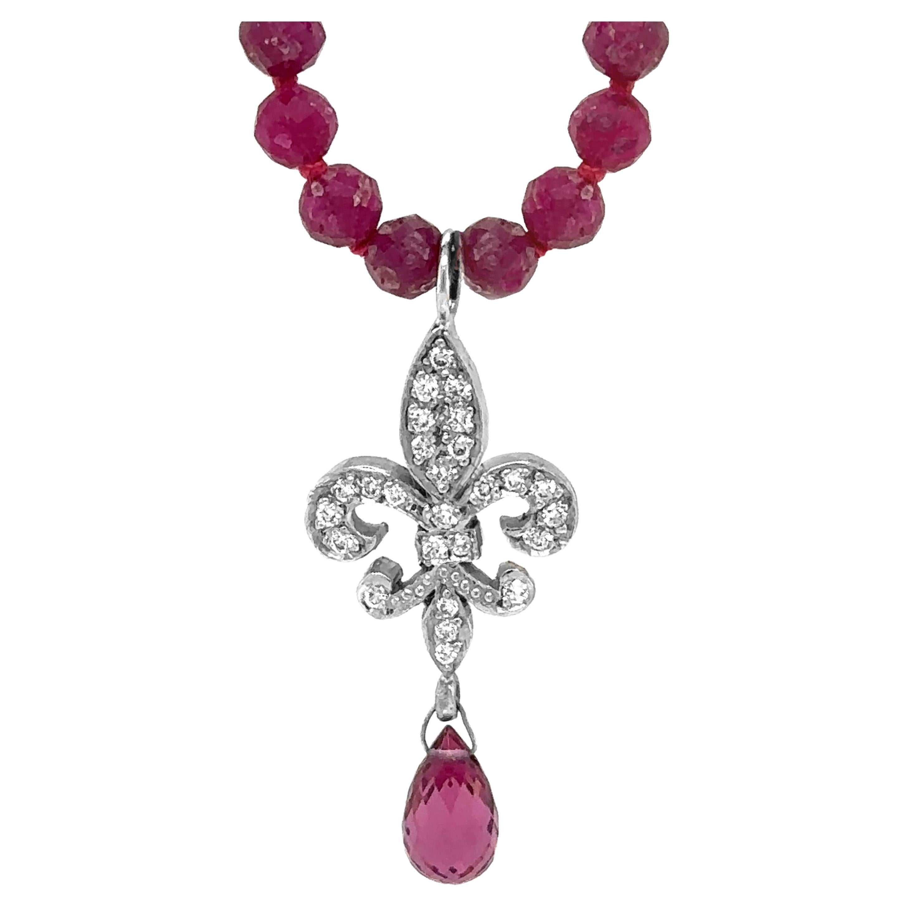 Diamond Fleur de Lis with Tourmaline Drop on 22" Necklace of Raspberry Rubies