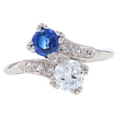 Platino Zafiro Diamante Anillo Art Decó Euro1,23ctw GIA Vintage Dos Piedras Bypass