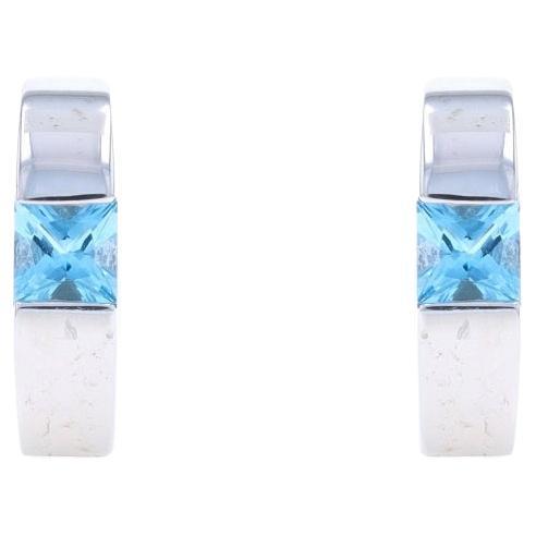 White Gold Blue Topaz Huggie Hoop Earrings - 14k Square .74ctw Pierced