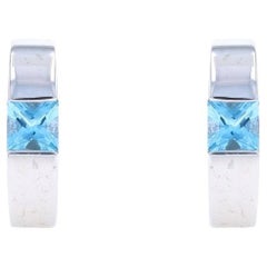 White Gold Blue Topaz Huggie Hoop Earrings - 14k Square .74ctw Pierced
