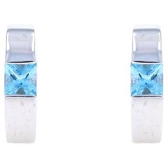 White Gold Blue Topaz Huggie Hoop Earrings - 14k Square .74ctw Pierced