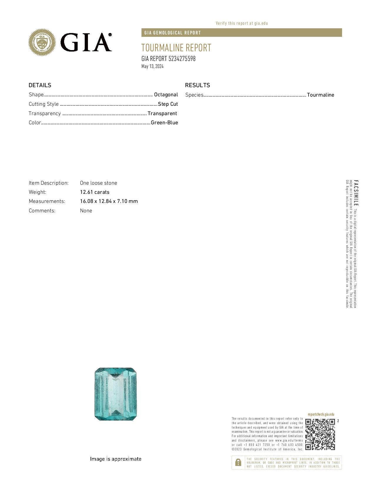 Solitaire vert-bleu taille émeraude 12,61 carats certifié GIA Neuf - En vente à Greensboro, NC