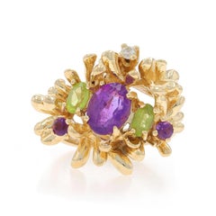 Yellow Gold Amethyst Peridot Diamond Cocktail Ring - 14k Oval Round 1.79ctw
