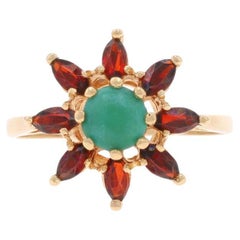 Yellow Gold Green Turquoise Garnet Vintage Botanical Ring - 14k .72ctw Flower