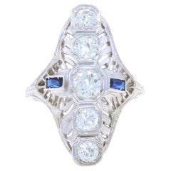 White Gold Diamond Lab Created Sapphire Art Deco Ring - 18k European 1.24ctw