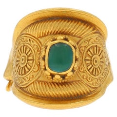 Yellow Gold "A" Jade Antique Chinese Solitaire Ring - 24k Cabochon